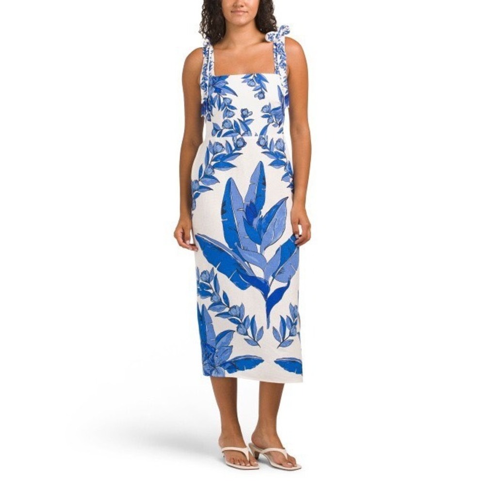 Calypso St Barth Blue White Floral Linen Midi Dress Beaded Tie Shoulder XS NEW